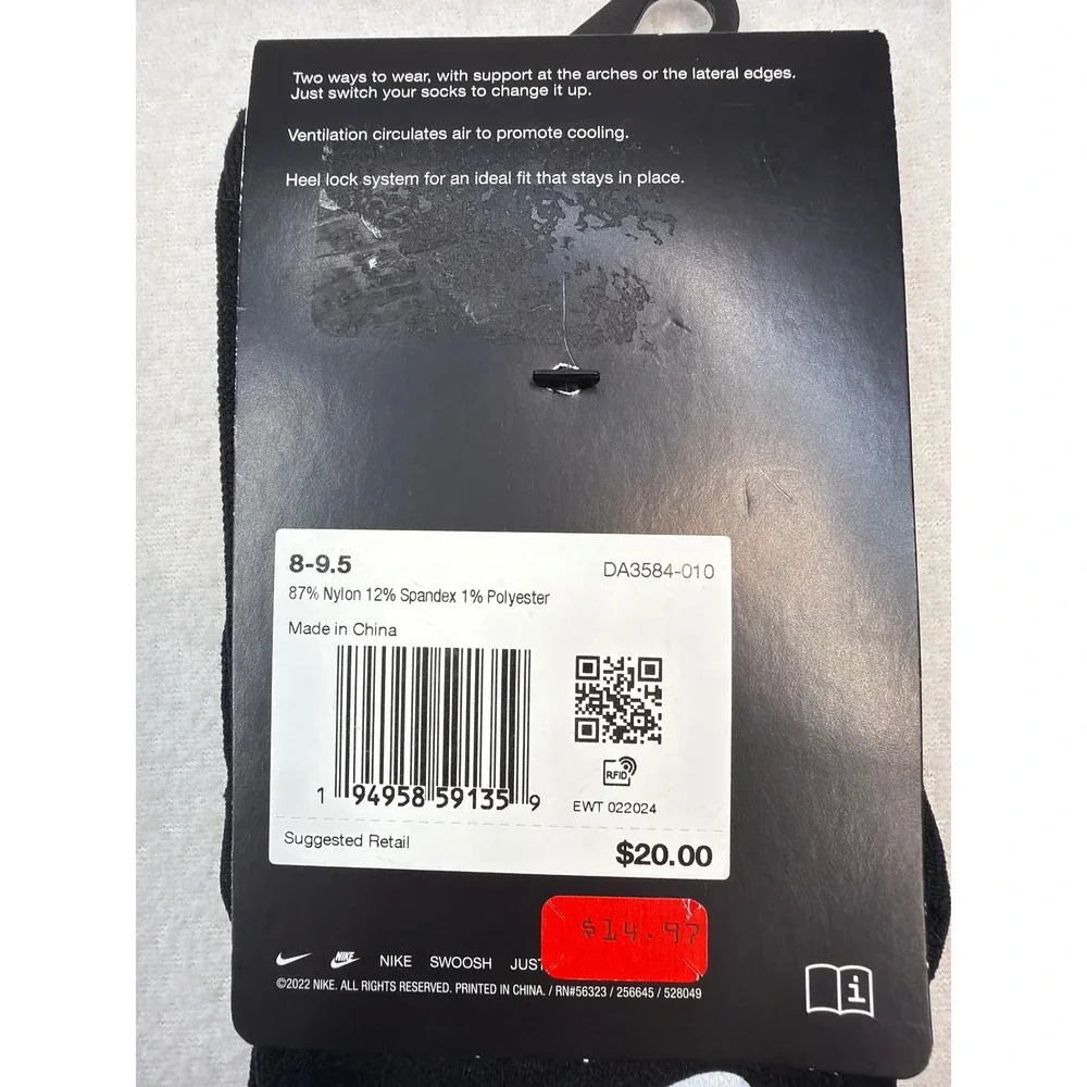Nike Spark Lightweight Crew Socks Black Women 9.5-11 Men 8-9.5 NWT